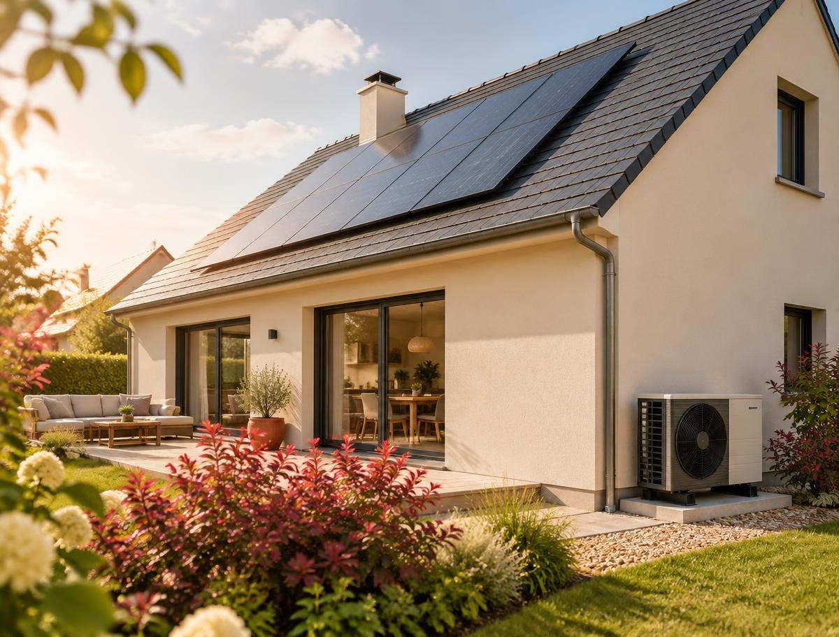 Maison équipée de panneaux solaires et d'une pompe à chaleur